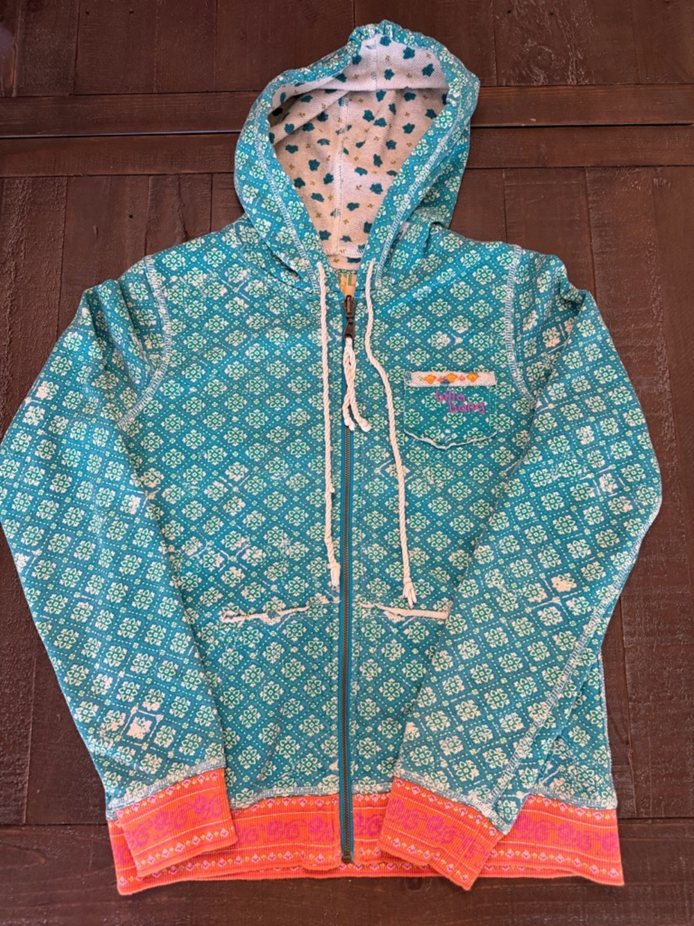 Vintage Billabong reversible Teal Patterned Zip Hooded Jacket with Coral Y2K